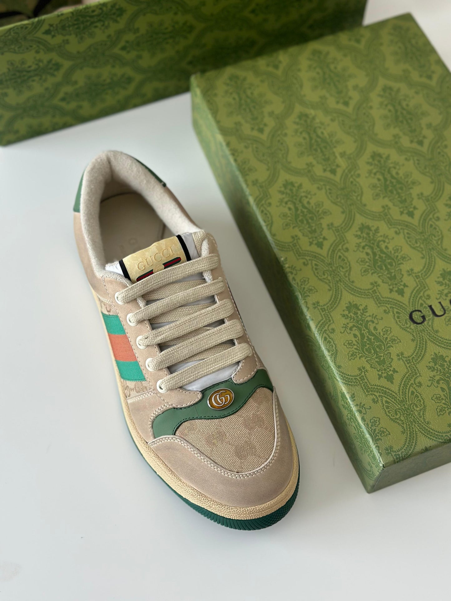 Gucci Women’s Screener Mule – Beige Leather & GG Canvas Trim