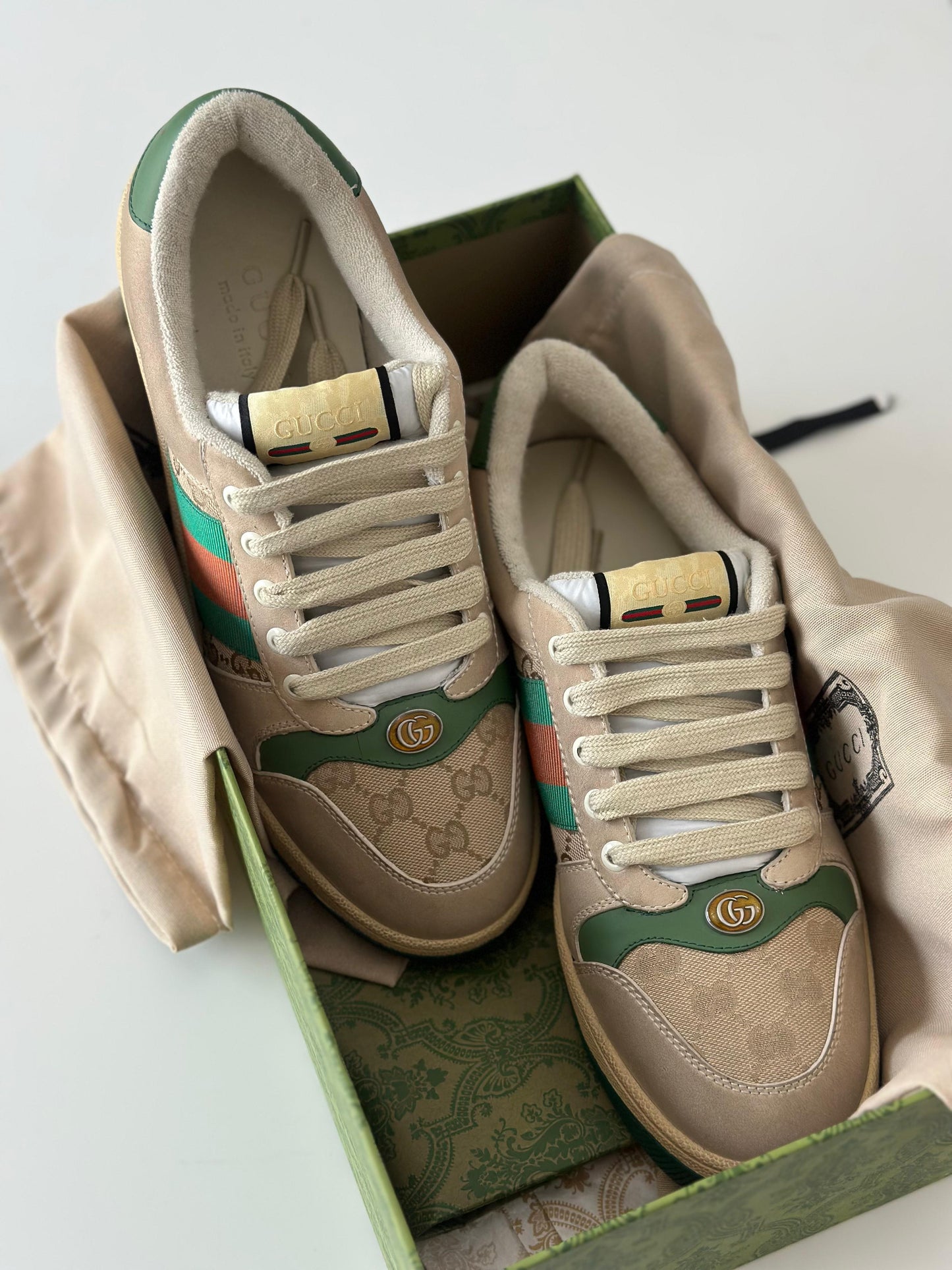 Gucci Women’s Screener Mule – Beige Leather & GG Canvas Trim