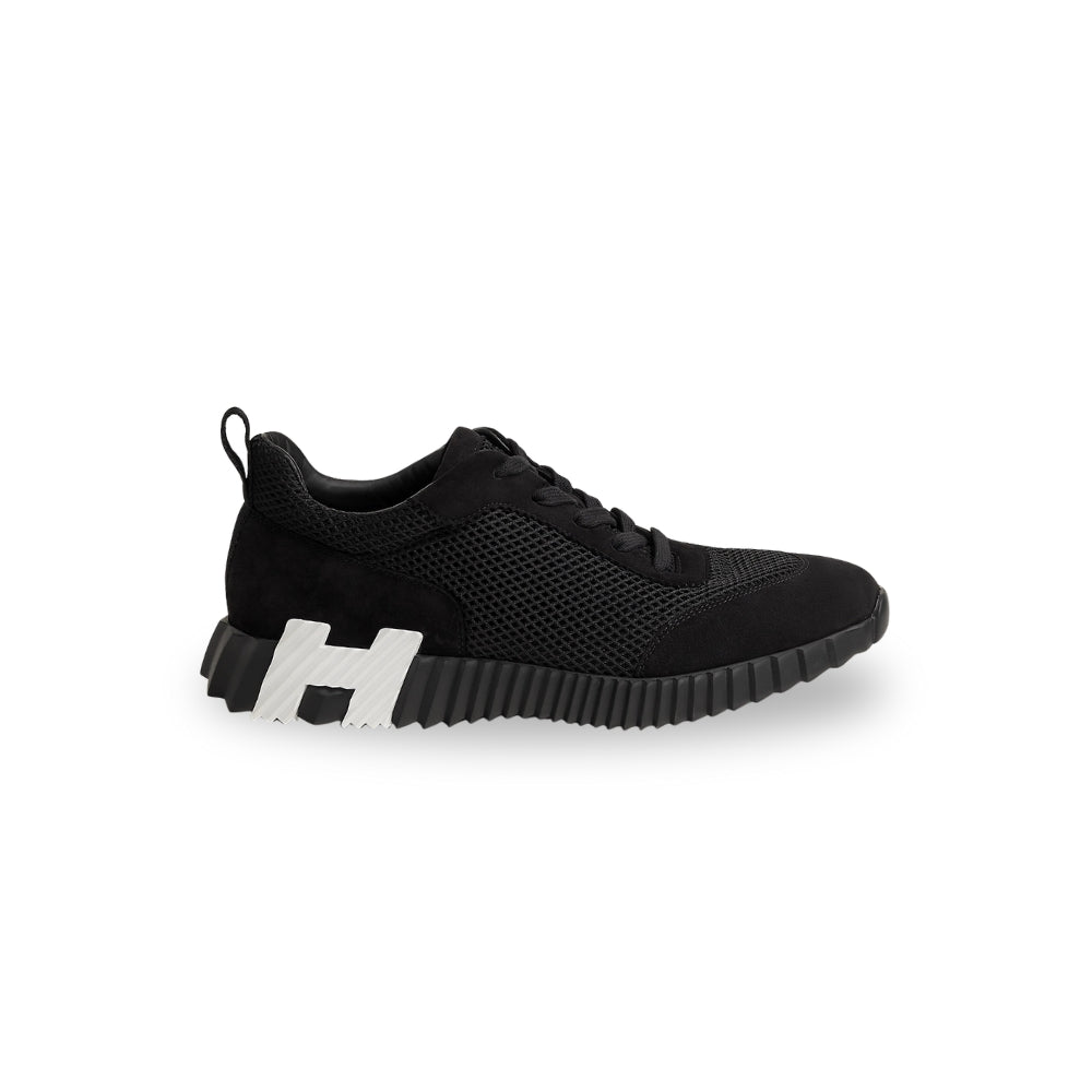 Hermès Bouncing Sneaker – Black Mesh & Suede Goatskin with White “H” Heel Detail (Men’s, Style H232856ZH01415)