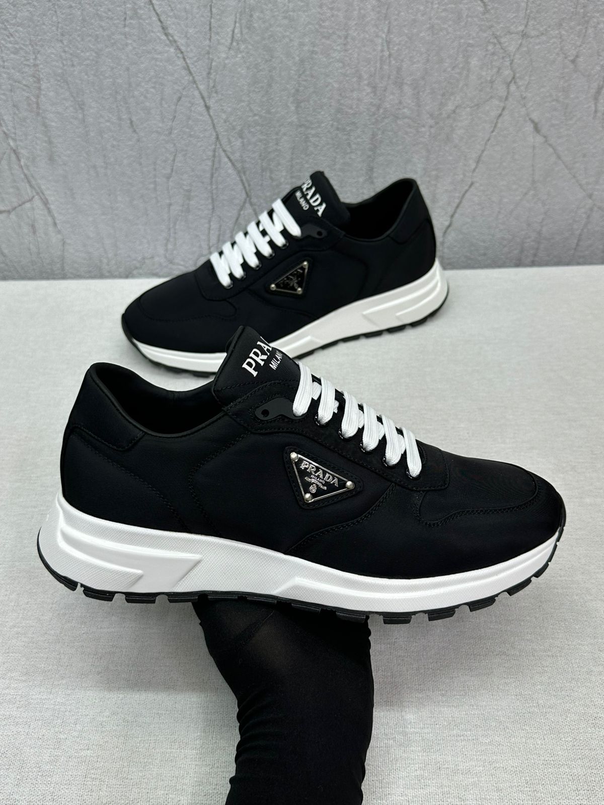 Prada PRAX 01 Nubuck & Re-Nylon Sneakers – Black/White (2EE390 3LBA F0967, Men’s)