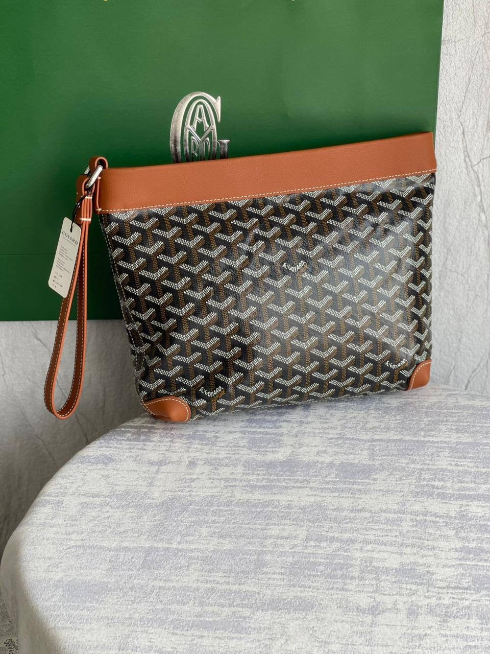 Goyard Conti Pouch In Goyardine Canvas With Tan Leather Trim