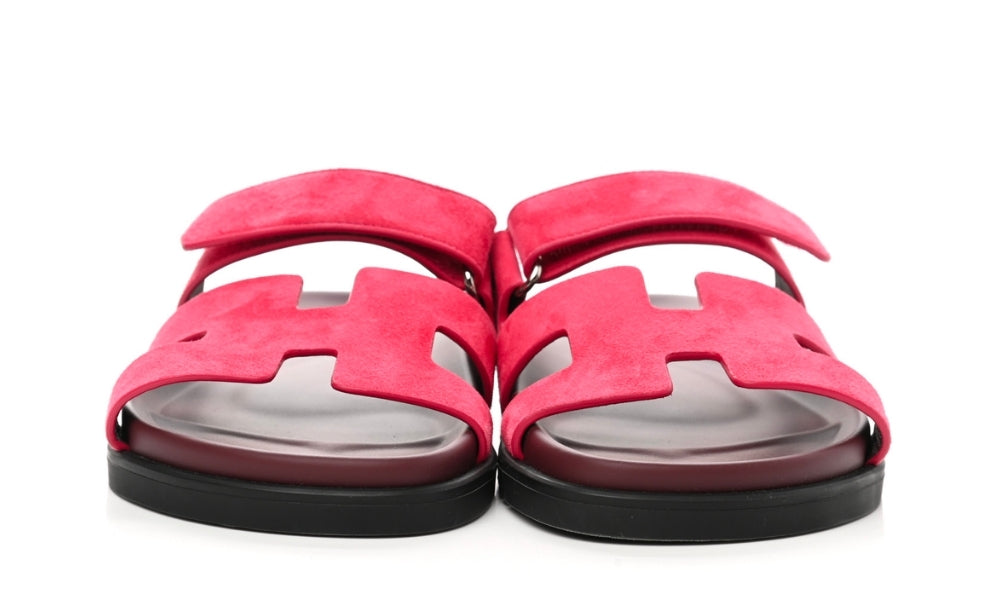 HERMES Suede Goatskin Womens Chypre Sandals Rouge Marsala