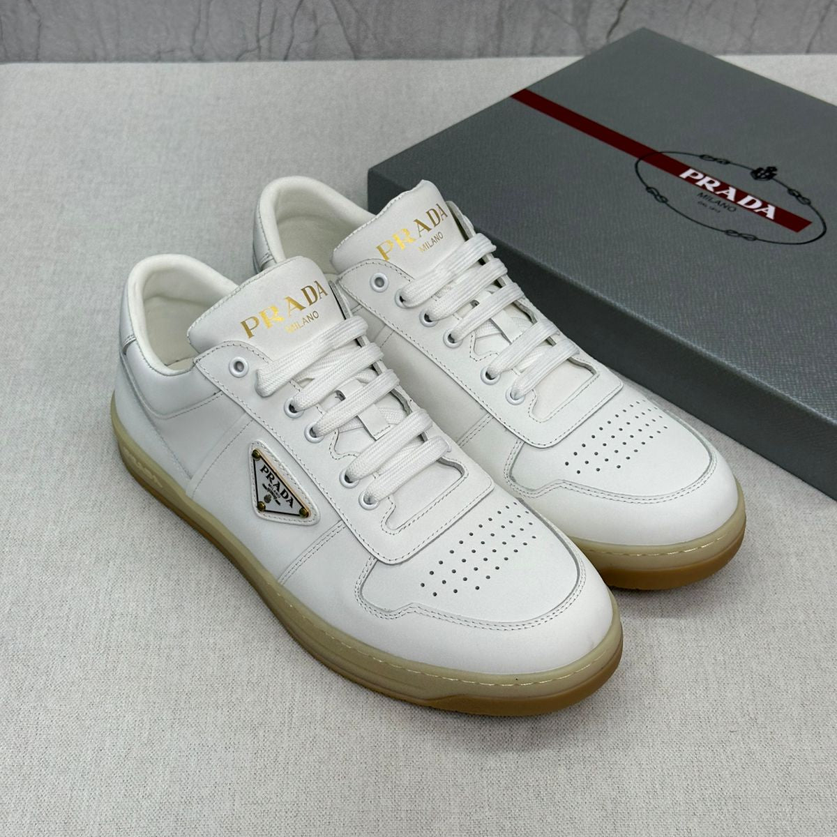 Prada Downtown Sneakers – White & Taupe Calf Leather (Neutral)