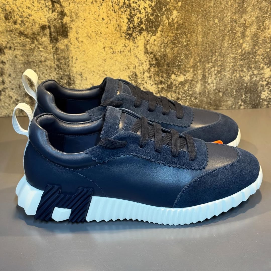 Hermés Bouncing Sneakers in Blue Calfskin and Knit with a White Sole