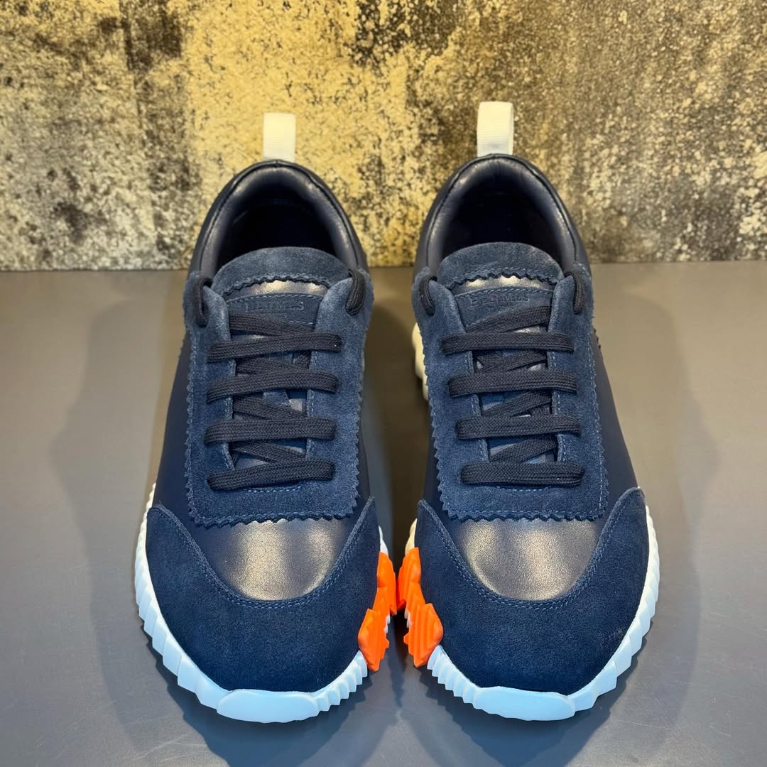 Hermés Bouncing Sneakers in Blue Calfskin and Knit with a White Sole