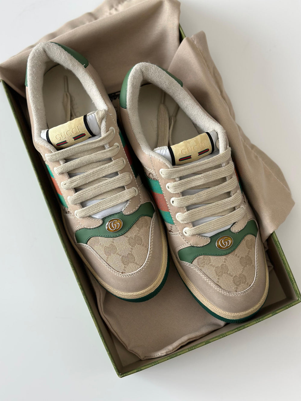 Gucci Women’s Screener Mule – Beige Leather & GG Canvas Trim