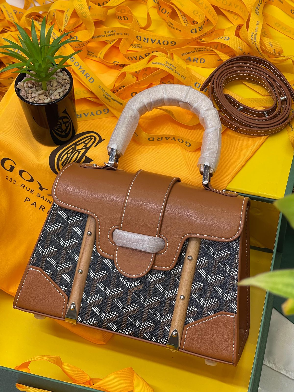 Goyard Saigon Structuré PM Bag in brown Goyardine Coated Canvas and Leather with wooden accents