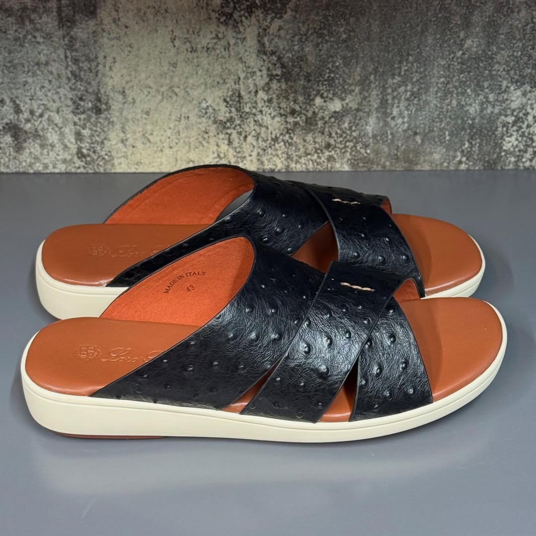 Loro Piana Palm Walk Sandals in black ostrich Leather
