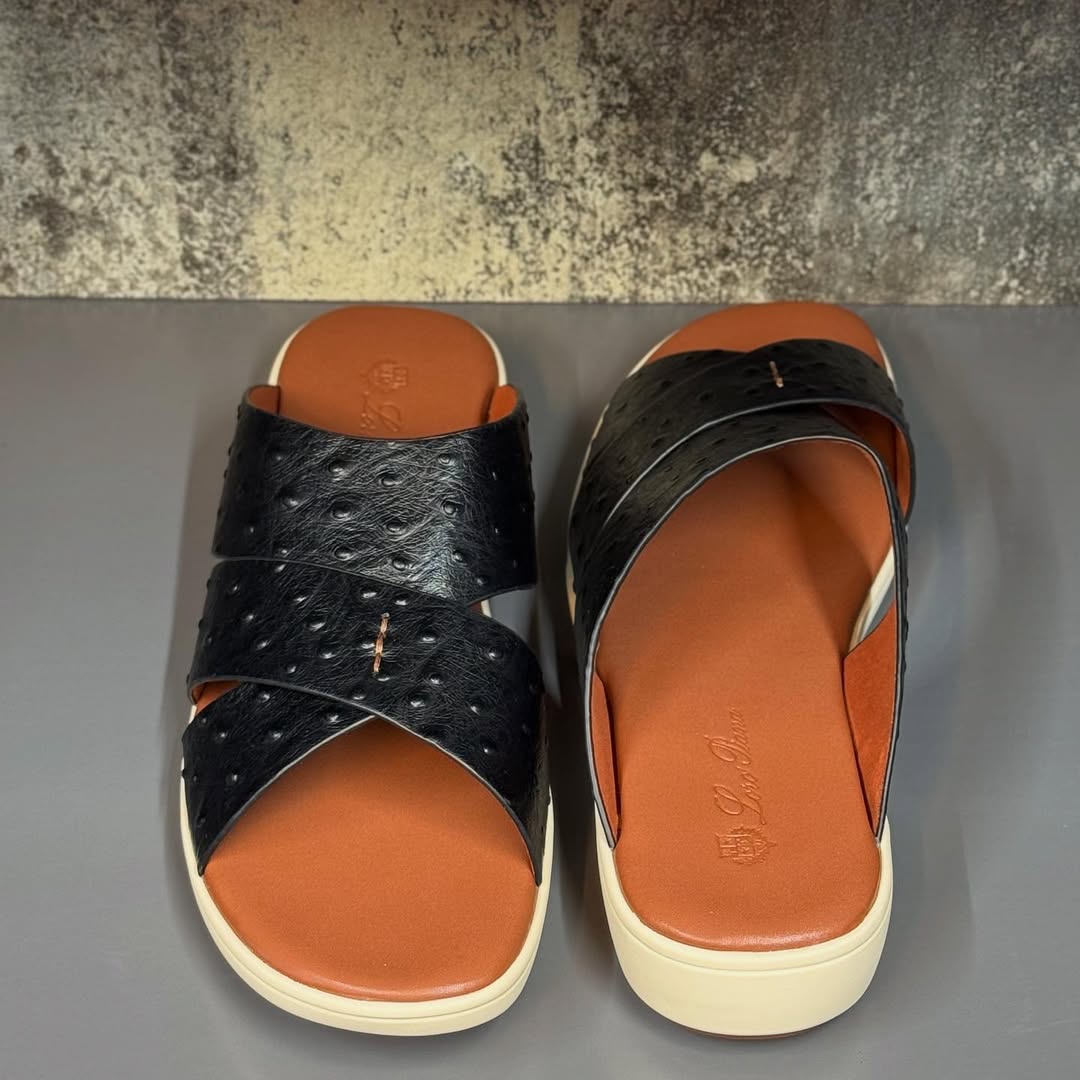 Loro Piana Palm Walk Sandals in black ostrich Leather