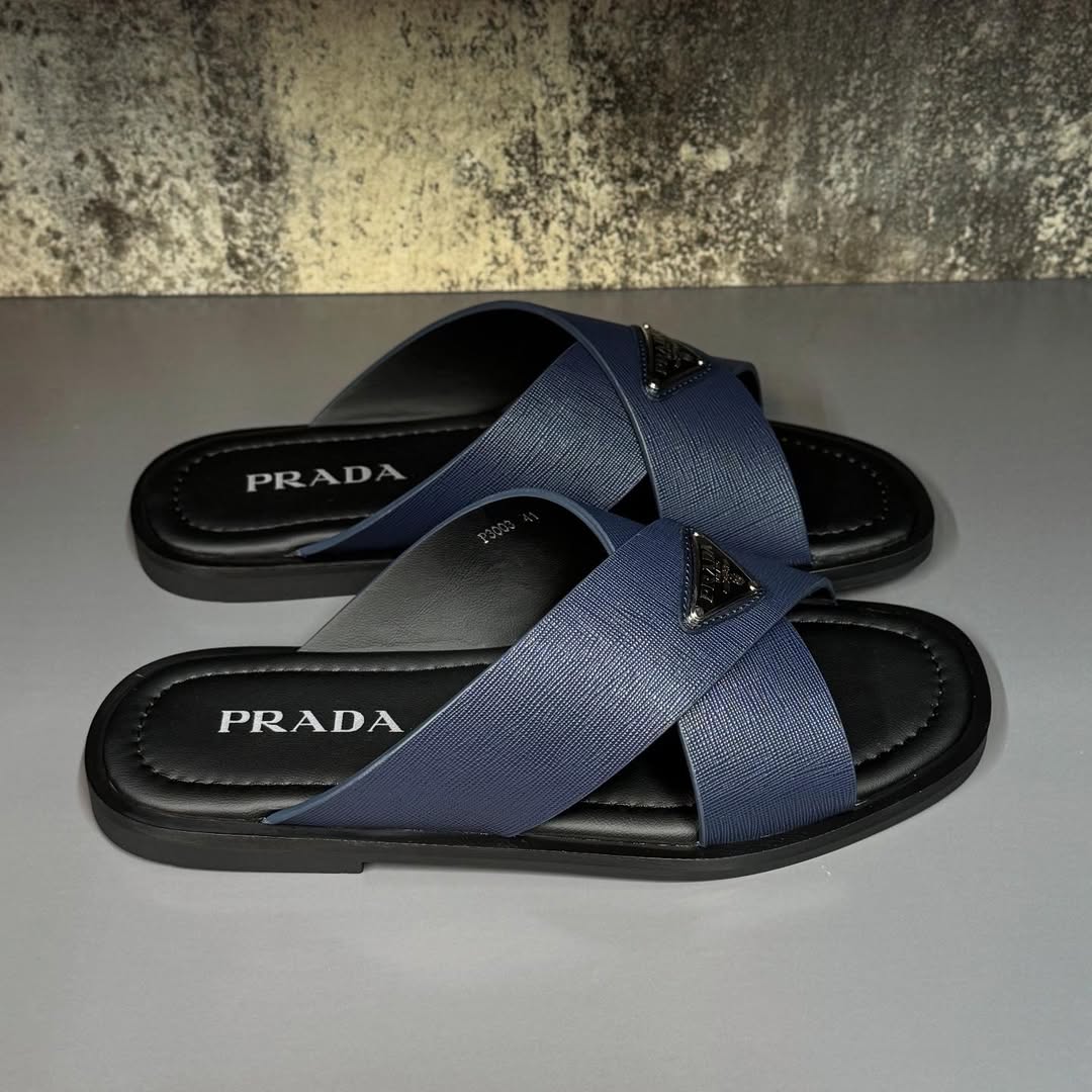 Prada Men's Blue Saffiano Leather Crisscross Sandal