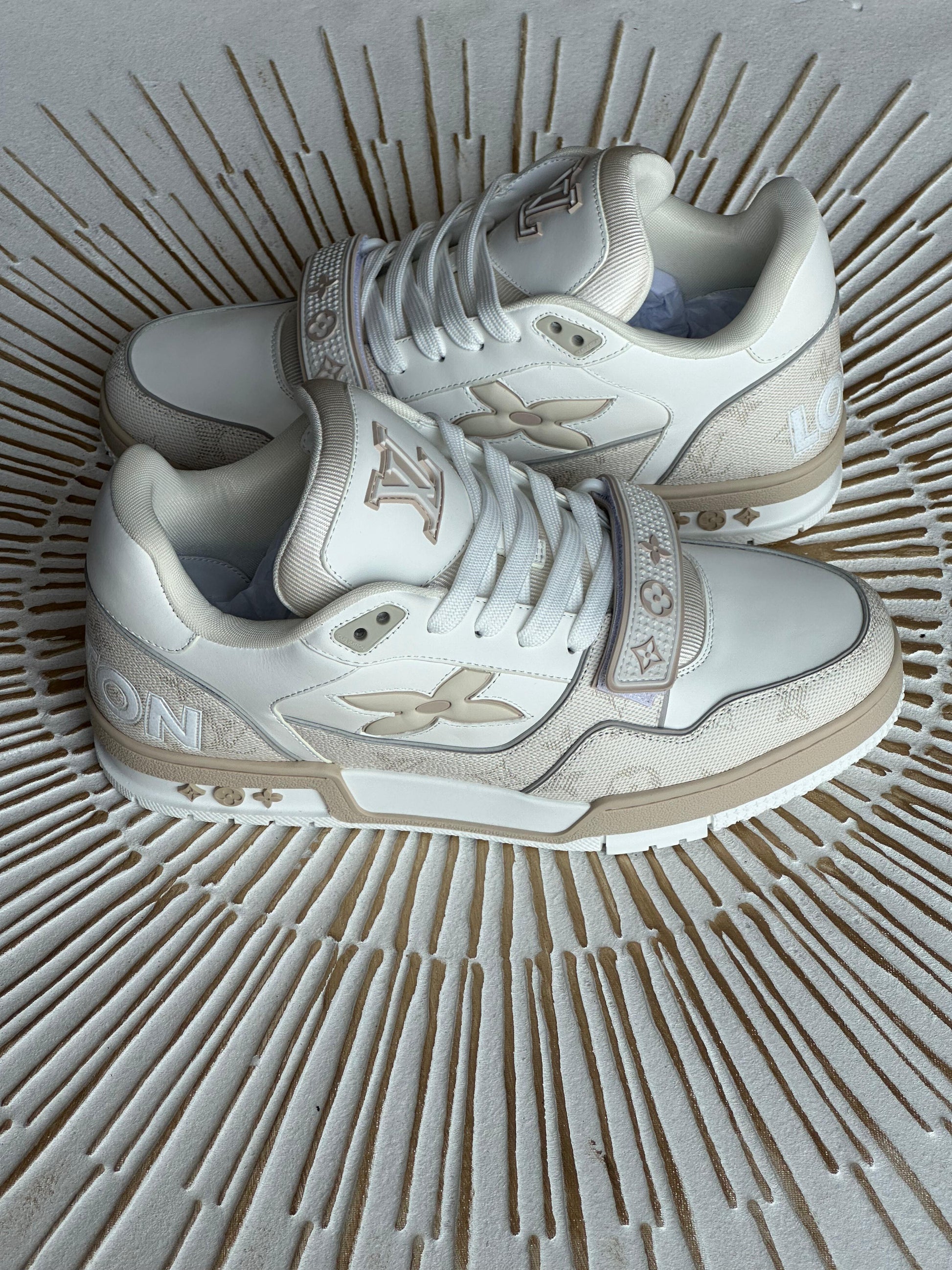Louis Vuitton LV Trainer Sneaker – Beige Calf Leather & Denim (Style 1AHTUT, Men’s)