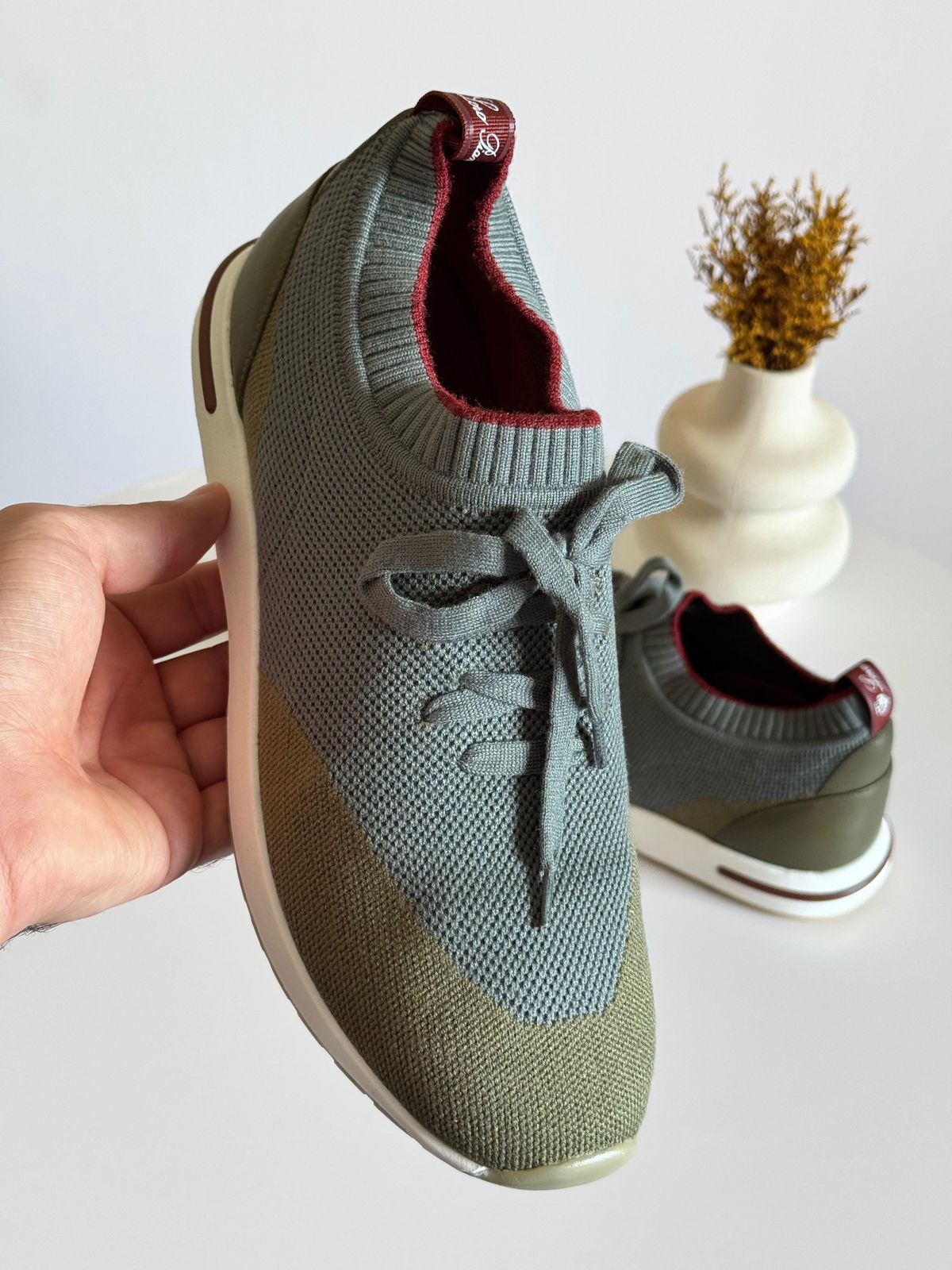 Loro Piana Olive Green Knit Fabric and Leather Low Top Sneakers Loro Piana