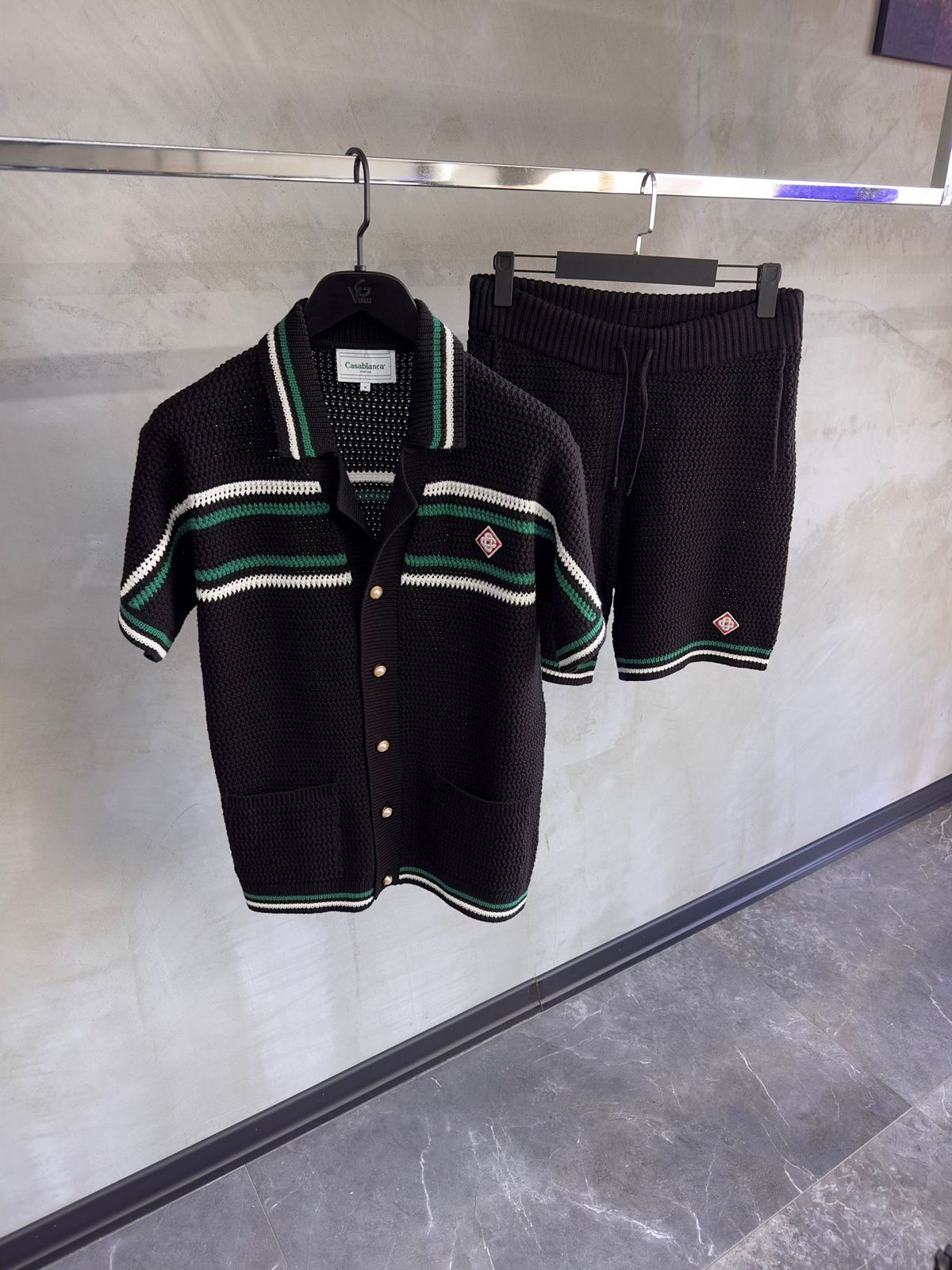 Casablanca Crochet Tennis Shirt in Green and White