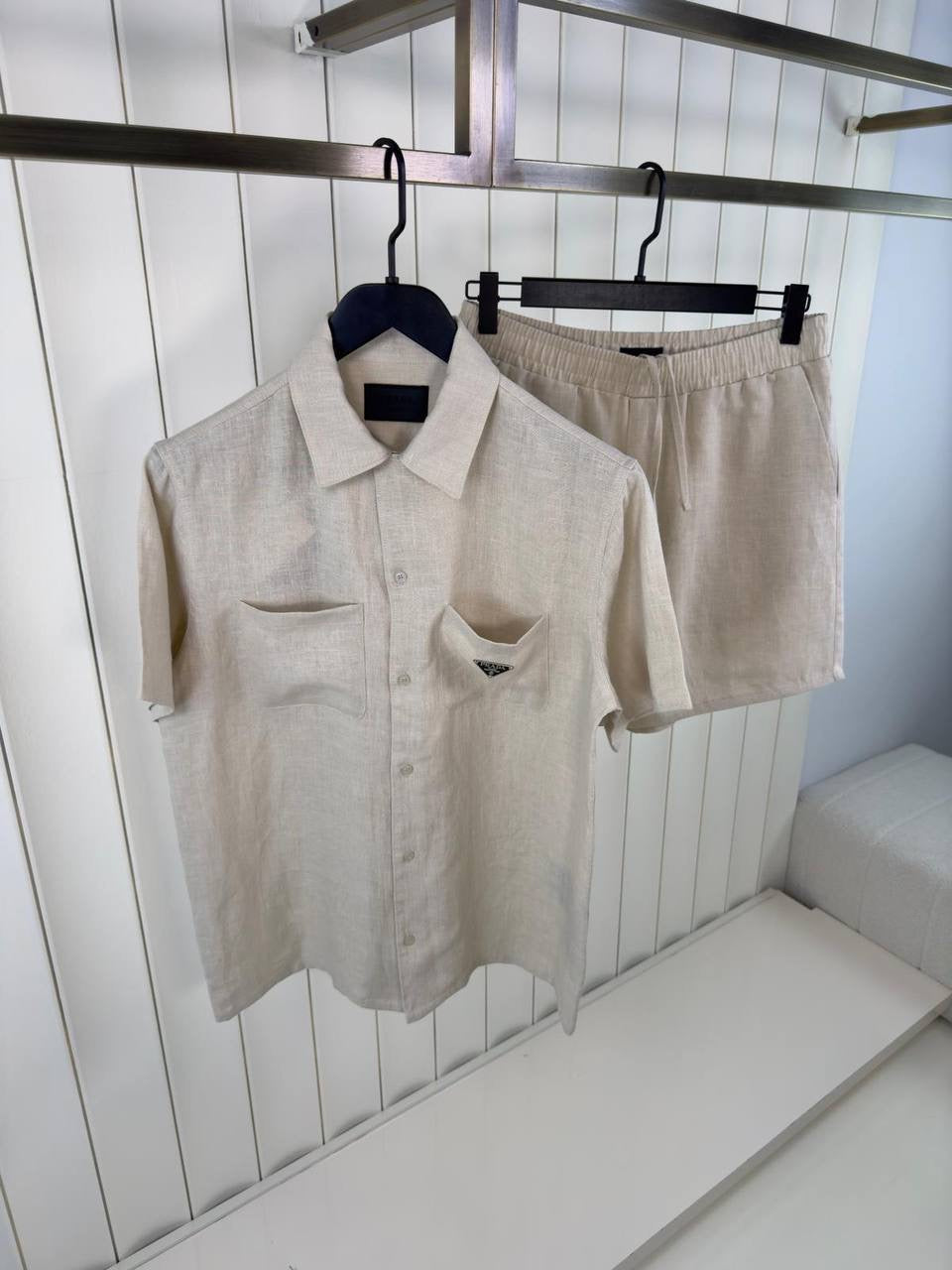 Beige Linen-style Two-piece Set consisting Of a Short-sleeved Shirt and Short