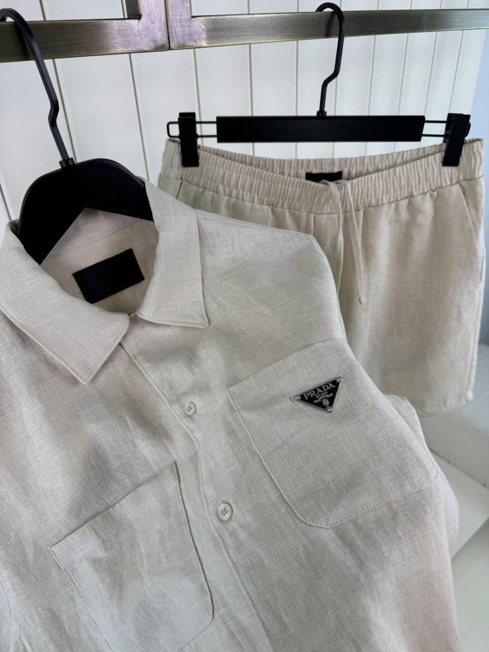Beige Linen-style Two-piece Set consisting Of a Short-sleeved Shirt and Short